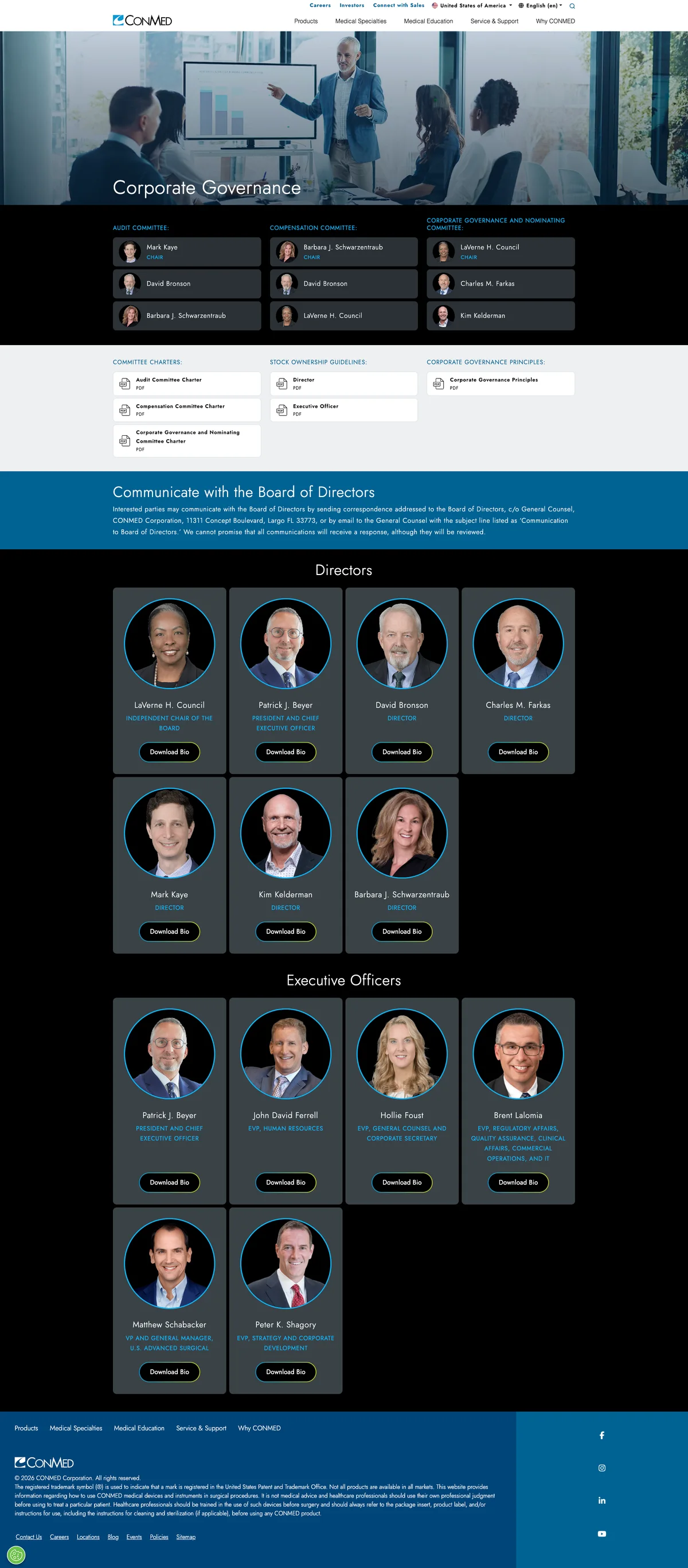 Updated CONMED sustainability Corporate Governance page screenshot.