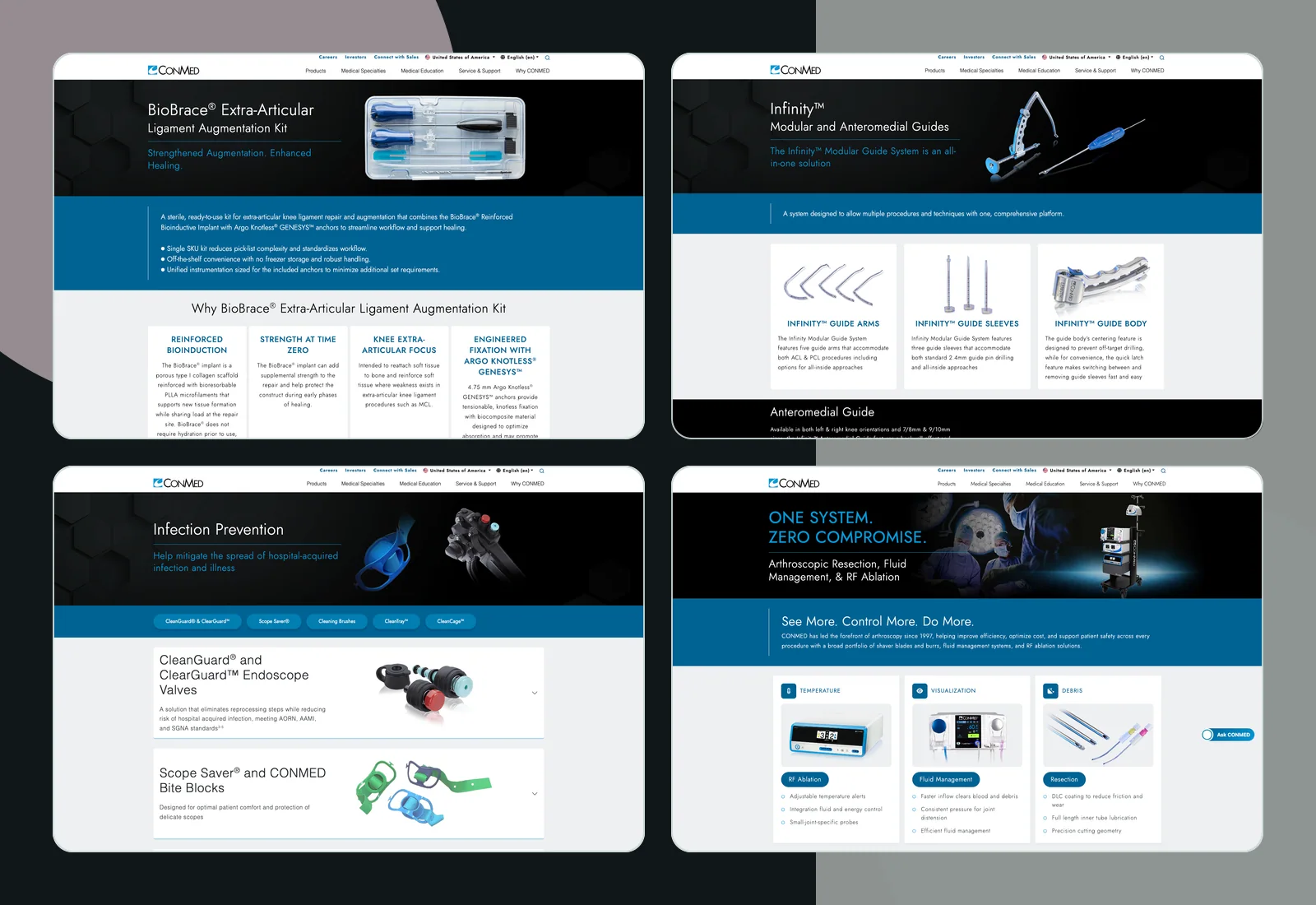Four-image collage of CONMED product pages for BioBrace, Infinity guides, General GI infection prevention, and resection fluid management.