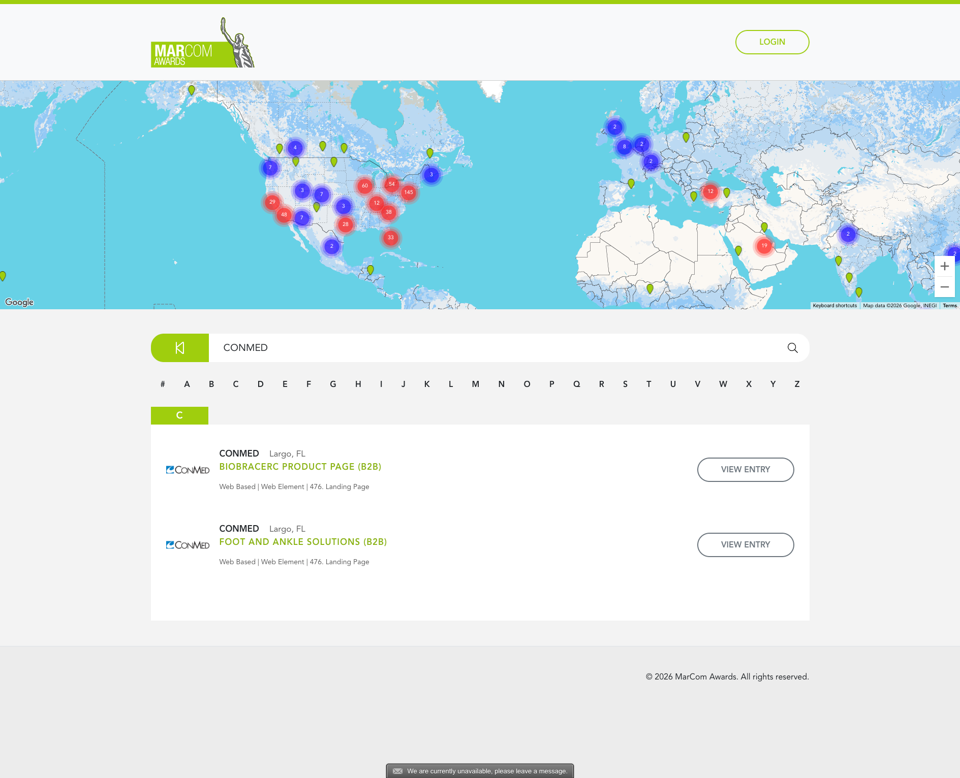 MarCom Awards winner list screenshot showing Platinum CONMED entries.
