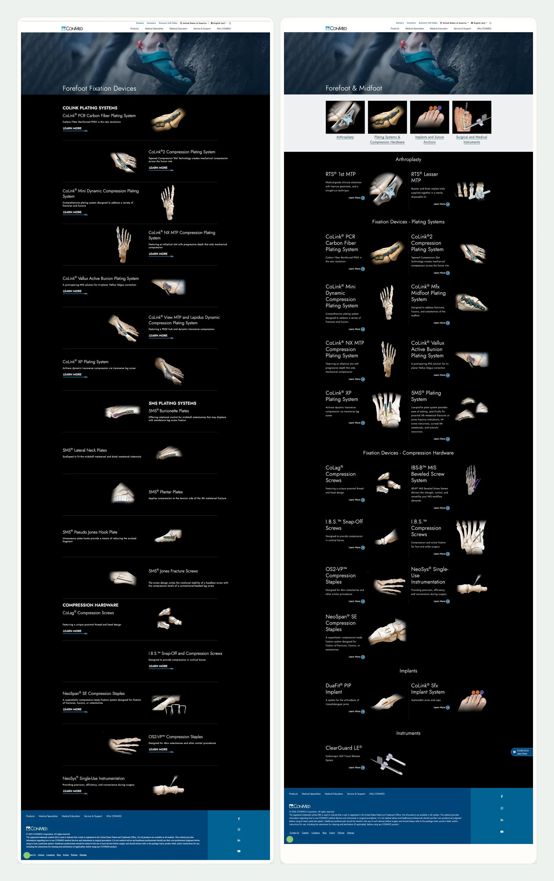 Full before and after comparison of an older forefoot specialty page beside the newer forefoot and midfoot page.