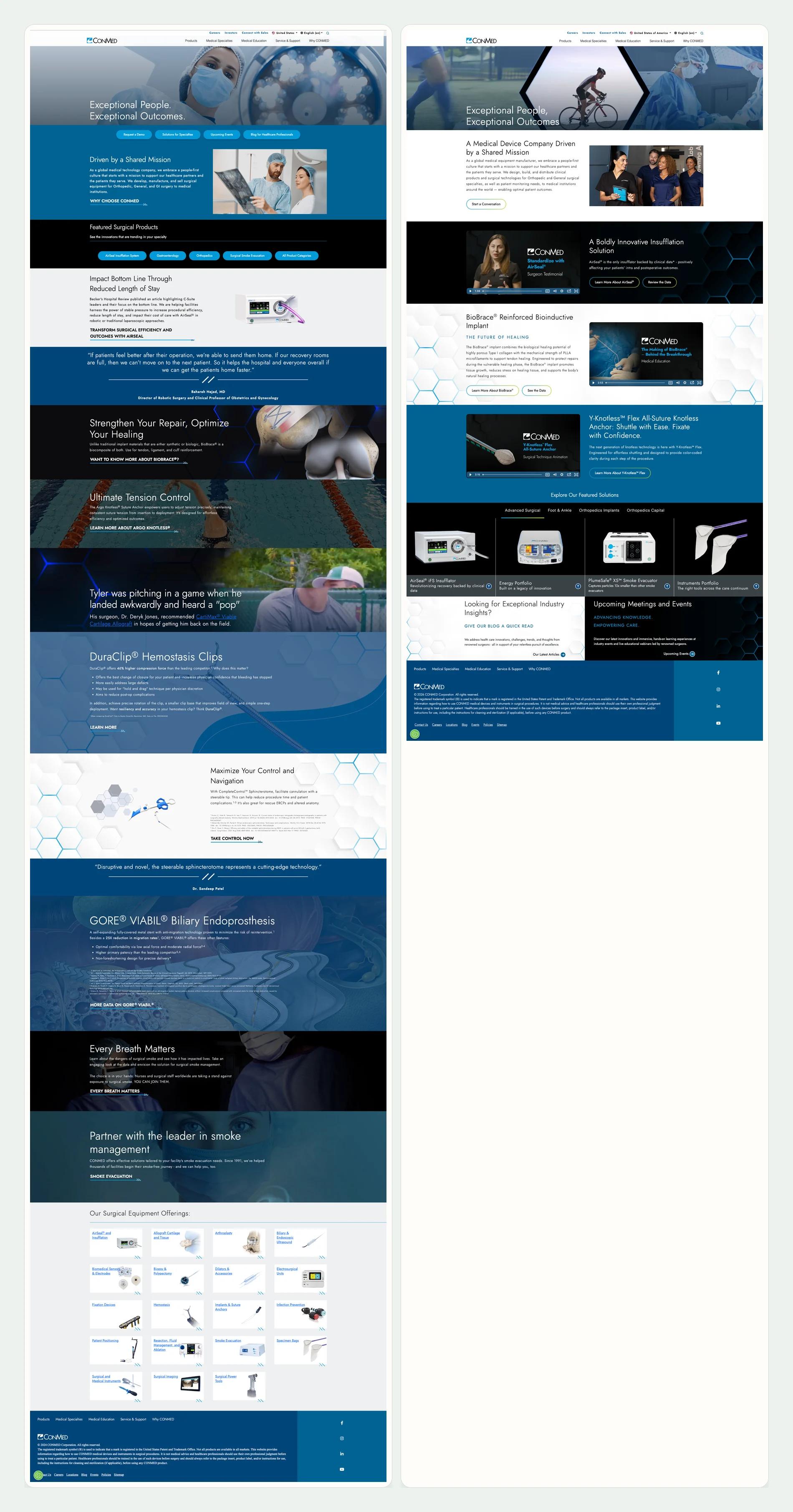 Full before and after comparison of the older CONMED homepage beside the refreshed homepage.