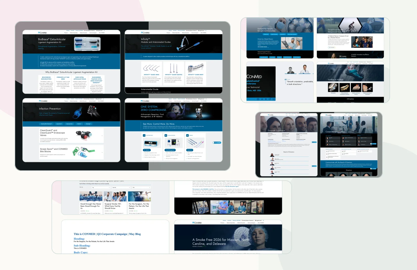 Collage of CONMED product pages, components, corporate pages, and blog work.