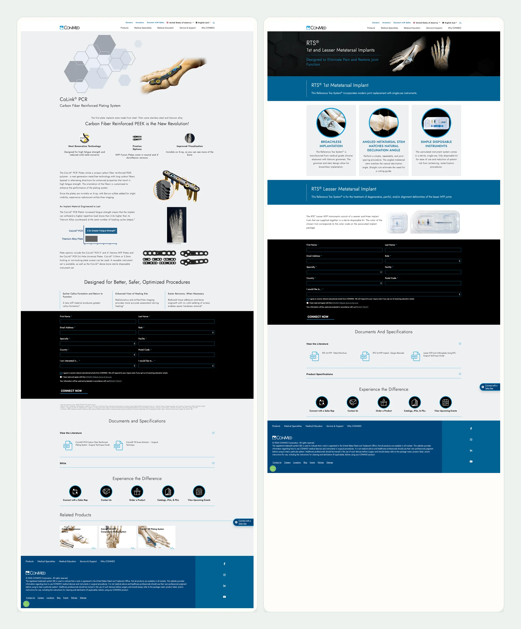 Full before and after comparison of an older CoLink product page beside the modernized arthroplasty product-family page.