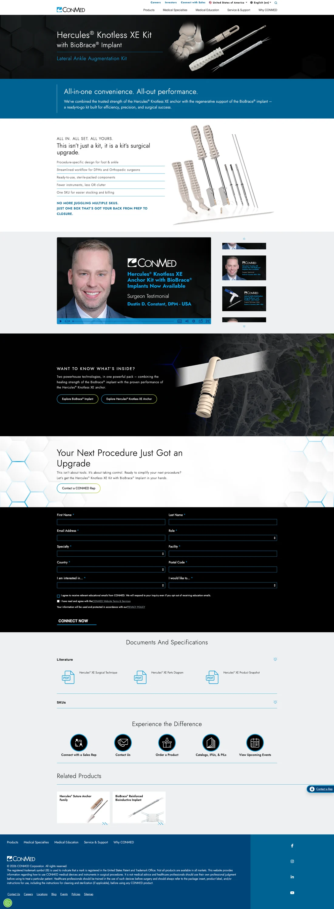 CONMED Hercules Knotless XE Kit with BioBrace product page screenshot.