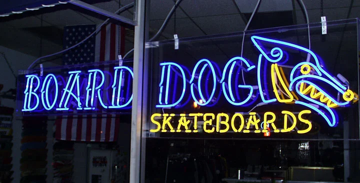 Skateboard shop logo neon sign mockup.