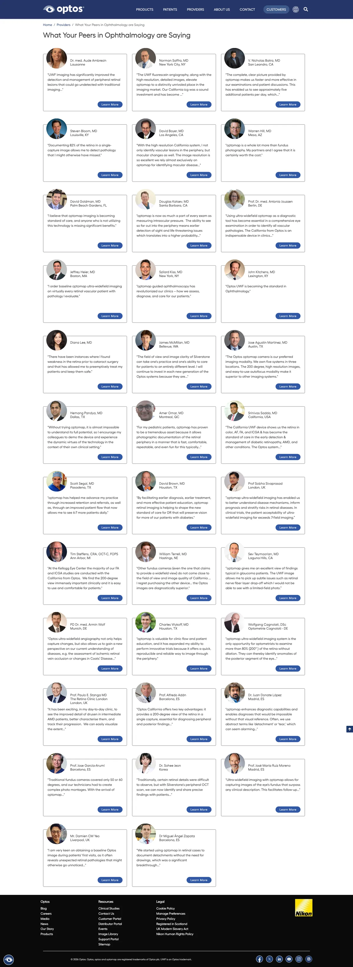 Optos ophthalmology peers provider page screenshot.