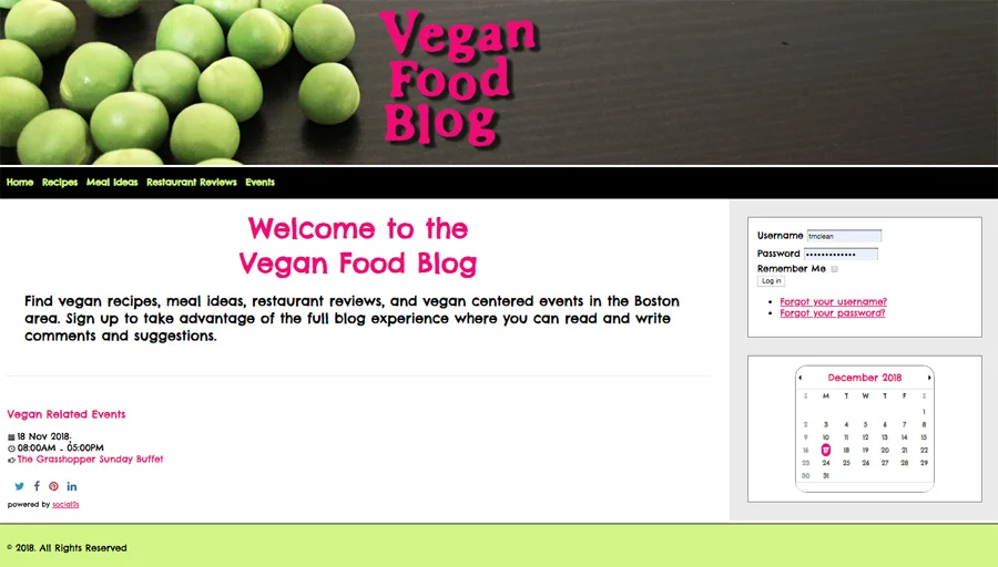 Vegan Food Blog website screenshot.